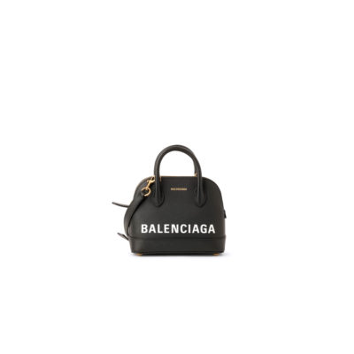 BALENCIAGA Mini Ville Logo Leather Bag. Original Quality Bag. Authentic Epi leather. Metal Toned Hardware. BALENCIAGA Sales Box and Dust Bag. Authenticity Card. BALENCIAGA's Ville mini bowling bag is crafted of grained calfskin printed with a large statement logo at the front and back. This design works as a zipped-top construction with a padlock charm to ensure your valuables are securely stowed. The versatile style can be carried by its rolled handles or over the shoulder via a detachable flat strap. | CRIS&COCO Authentic Quality Designer Bags and Luxury Accessories