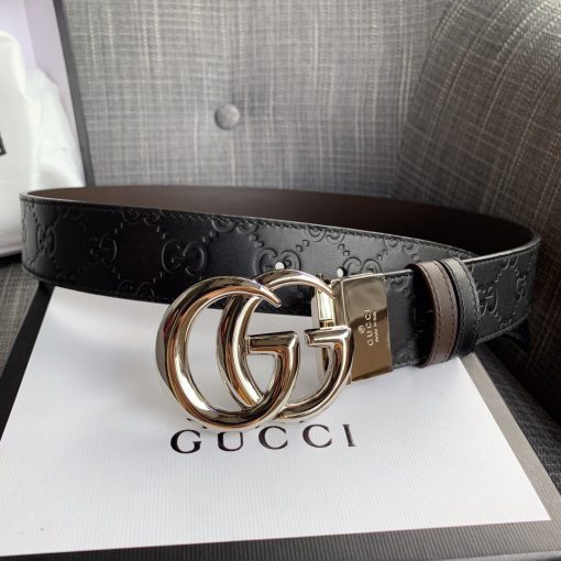 GUCCI Signature GG Logo Leather Belt. Original Quality GUCCI Signature GG Logo Leather Belt including gift box, care book, dust bag, authenticity card. Gucci’s leather Signature belt is subtly patterned with the debossed rhombus motif from the house’s archives. It features a metal-tone metal GG logo plaque and is finished with smooth hand-lacquered edges.| Cris and Coco. Best Quality Designer Bags and Luxury Accessories