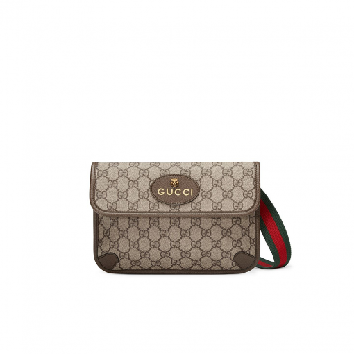 GUCCI Neo Vintage GG Supreme belt bag. The belt bag in GG Supreme has a retro-influenced design. Trimmed with leather, the style is meant to be worn around the waist, securing with a Web strap and buckle closure. Beige/ebony GG Supreme canvas, a material with low environmental impact, with brown leather trims. Green and red Web. Oval Gucci leather tag with a feline head. Adjustable nylon Web belt with plastic buckle closure. | CRIS&COCO Authentic Quality Designer Bags and Luxury Accessories