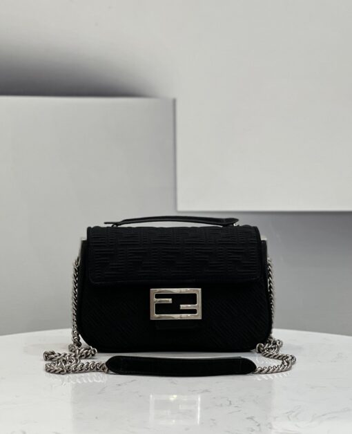 FENDI Baguette Chain Midi. Original Quality Bag including gift box, care book, dust bag, authenticity card. Iconic medium Baguette bag with chain shoulder strap, made of technical mesh with a 3D texture FF motif. Decorated with an FF clasp. Can be carried by hand or over the shoulder thanks to the sliding-chain shoulder strap. | CRIS&COCO Authentic Quality Designer Bag and Luxury Accessories