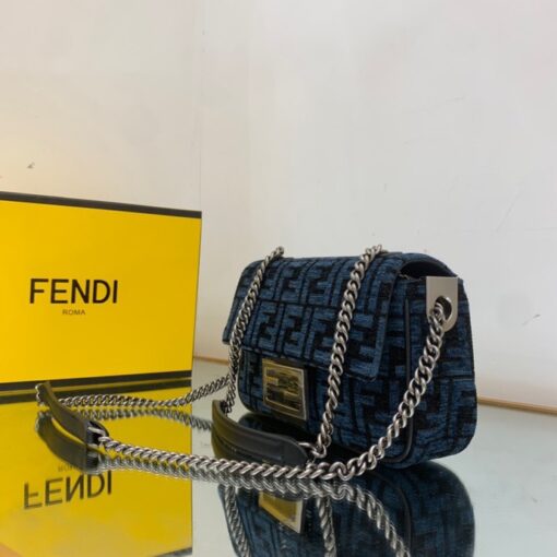 FENDI Baguette Chain Midi. Original Quality Bag including gift box, care book, dust bag, authenticity card. Iconic medium Baguette bag with chain shoulder strap, made of technical mesh with a 3D texture FF motif. Decorated with an FF clasp. Can be carried by hand or over the shoulder thanks to the sliding-chain shoulder strap. | CRIS&COCO Authentic Quality Designer Bag and Luxury Accessories