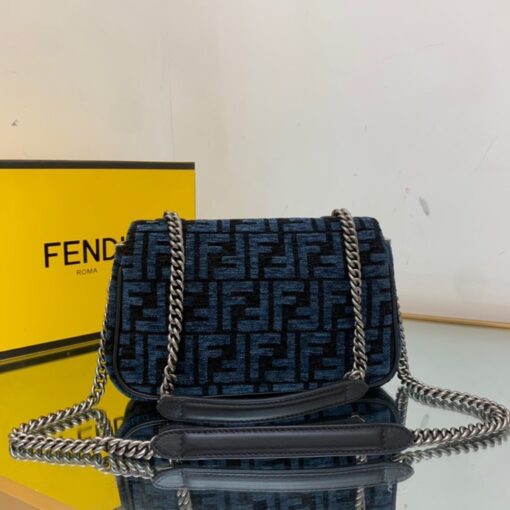 FENDI Baguette Chain Midi. Original Quality Bag including gift box, care book, dust bag, authenticity card. Iconic medium Baguette bag with chain shoulder strap, made of technical mesh with a 3D texture FF motif. Decorated with an FF clasp. Can be carried by hand or over the shoulder thanks to the sliding-chain shoulder strap. | CRIS&COCO Authentic Quality Designer Bag and Luxury Accessories