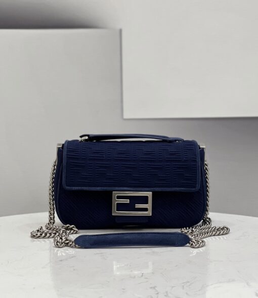 FENDI Baguette Chain Midi. Original Quality Bag including gift box, care book, dust bag, authenticity card. Iconic medium Baguette bag with chain shoulder strap, made of technical mesh with a 3D texture FF motif. Decorated with an FF clasp. Can be carried by hand or over the shoulder thanks to the sliding-chain shoulder strap. | CRIS&COCO Authentic Quality Designer Bag and Luxury Accessories