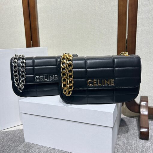 CELINE Matelasse Monochrome Chain Shoulder Bag. Original Quality Bag including gift box, care book, dust bag, authenticity card. This shoulder bag is enwrapped with a fresh graphic goatskin quilting and metal lettering in the monochrome Celine logo, adorned with an oversized chain strap, allowing the bag to be worn cross-body depending on the desires of the wearer. | CRIS&COCO Authentic Quality Designer Bag and Luxury Accessories