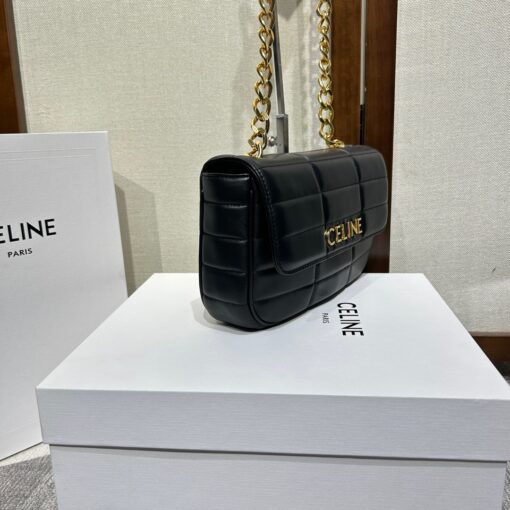 CELINE Matelasse Monochrome Chain Shoulder Bag. Original Quality Bag including gift box, care book, dust bag, authenticity card. This shoulder bag is enwrapped with a fresh graphic goatskin quilting and metal lettering in the monochrome Celine logo, adorned with an oversized chain strap, allowing the bag to be worn cross-body depending on the desires of the wearer. | CRIS&COCO Authentic Quality Designer Bag and Luxury Accessories