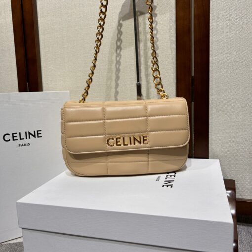 CELINE Matelasse Monochrome Chain Shoulder Bag. Original Quality Bag including gift box, care book, dust bag, authenticity card. This shoulder bag is enwrapped with a fresh graphic goatskin quilting and metal lettering in the monochrome Celine logo, adorned with an oversized chain strap, allowing the bag to be worn cross-body depending on the desires of the wearer. | CRIS&COCO Authentic Quality Designer Bag and Luxury Accessories