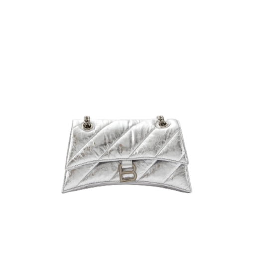 BALENCIAGA Crush Small Chain Bag. Original Quality Bag including gift box, care book, dust bag, authenticity card. Crush on this metallic Crush Chain Bag. This is a new iteration on their celebrated curvilinear design, complete with tonal B logo hardware and shoulder and crossbody chain. Crafted in a contemporary crushed quilted calfskin. | CRIS&COCO Authentic Quality Designer Bags and Luxury Accessories