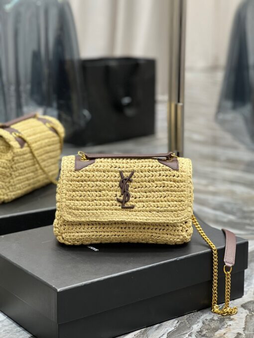 SAINT LAURENT Niki Baby Chain Bag In Raffia And Leather. Original Quality Bag including gift box, care book, dust bag, authenticity card. Niki raffia shoulder bag from SAINT LAURENT featuring woven raffia design, signature YSL logo plaque, gold-tone hardware, front flap closure, magnetic fastening, internal flat pocket and sliding chain-link shoulder strap. | CRIS&COCO Authentic Quality Designer Bags and Luxury Accessories