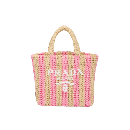 PRADA Small Crochet Tote Bag. Elevate Your Look with an Exquisite Tote Bag! This exquisite tote bag has a deconstructed design made of a light, natural material with a summery mood, raffia-effect yarn. Embroidered lettering logo decorates the front, and the emblematic triangle in enameled metal is the perfect finishing touch to the side. | CRIS&COCO Authentic Quality Designer Bags and Luxury Accessories