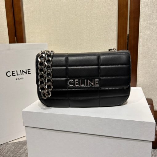 CELINE Matelasse Monochrome Chain Shoulder Bag. Original Quality Bag including gift box, care book, dust bag, authenticity card. This shoulder bag is enwrapped with a fresh graphic goatskin quilting and metal lettering in the monochrome Celine logo, adorned with an oversized chain strap, allowing the bag to be worn cross-body depending on the desires of the wearer.