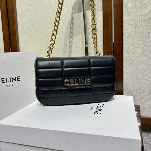 CELINE Matelasse Monochrome Chain Shoulder Bag. Original Quality Bag including gift box, care book, dust bag, authenticity card. This shoulder bag is enwrapped with a fresh graphic goatskin quilting and metal lettering in the monochrome Celine logo, adorned with an oversized chain strap, allowing the bag to be worn cross-body depending on the desires of the wearer.