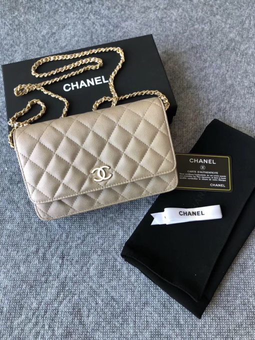 CHANEL Classic Wallet on Chain. Authentic Quality Wallet, including gift box, literature, dust bag, authenticity card. Classic and elegant, a Chanel bag is a fashion statement to your outfit, as seen in this caviar leather flap wallet on chain. Featuring a diamond quilted finish, metal-tone hardware, a foldover top, an internal zipped pocket, an internal slip pocket, an internal logo stamp, a back slip pocket, tortoiseshell details, and a CC turn-lock fastening.