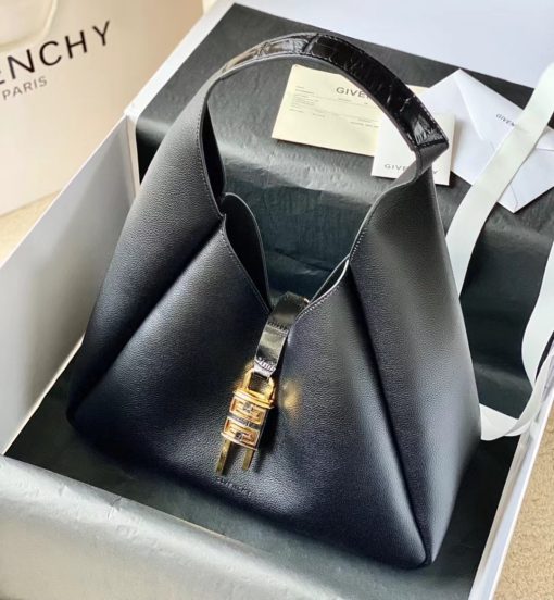 GIVENCHY Medium G-Hobo Bag. Original Quality Wallet including gift box, care book, dust bag, authenticity card. The G-Hobo Medium shoulder bag from Givenchy has a slouched, triangular silhouette. The calf leather design is a house signature style that's further embellished with the iconic 4G padlock and croc-effect straps.