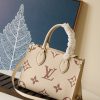 LOUIS VUITTON Onthego PM. Original Quality Bag including gift box, care book, dust bag, authenticity card. Inspired by Louis Vuitton’s famous Sac Plat from 1968, the Onthego PM tote is fashioned in Monogram Empreinte leather, embossed with a Giant Bicolor Monogram pattern. This smaller version of the original Onthego fits essentials such as an iPad Mini. Articulated top handles and an adjustable removable strap offer a variety of carry options.