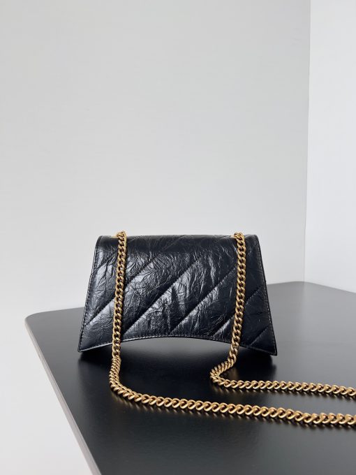 BALENCIAGA Crush Small Chain Bag. Original Quality Bag including gift box, care book, dust bag, authenticity card. Crush on this metallic Crush Chain Bag. This is a new iteration on their celebrated curvilinear design, complete with tonal B logo hardware and shoulder and crossbody chain. Crafted in a contemporary crushed quilted calfskin.