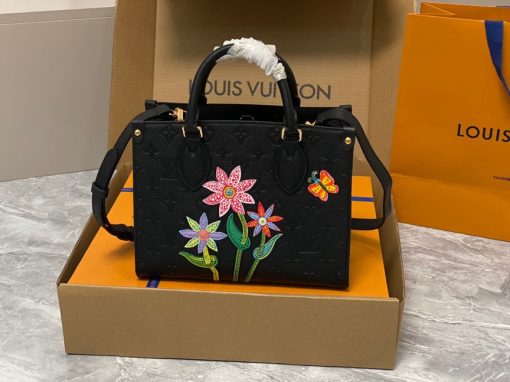 LOUIS VUITTON x Yayoi Kusama OnTheGo PM. High-End Quality Bag including gift box, care book, dust bag, authenticity card.  The LVxYK OnTheGo PM exuberates artwork with its high-precision marquetry featuring three flowers and a butterfly. Yayoi Kusama, the artist behind the Louis Vuitton x Yayoi Kusama collection, was raised surrounded by roses at her family’s plant nursery in Japan, and she has since created a number of masterpieces depicting them. Crafted within Monogram Empreinte cowhide, the bag is a stunning homage to art and Louis Vuitton’s exceptional craftsmanship.