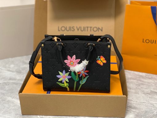 LOUIS VUITTON x Yayoi Kusama OnTheGo PM. High-End Quality Bag including gift box, care book, dust bag, authenticity card.  The LVxYK OnTheGo PM exuberates artwork with its high-precision marquetry featuring three flowers and a butterfly. Yayoi Kusama, the artist behind the Louis Vuitton x Yayoi Kusama collection, was raised surrounded by roses at her family’s plant nursery in Japan, and she has since created a number of masterpieces depicting them. Crafted within Monogram Empreinte cowhide, the bag is a stunning homage to art and Louis Vuitton’s exceptional craftsmanship.