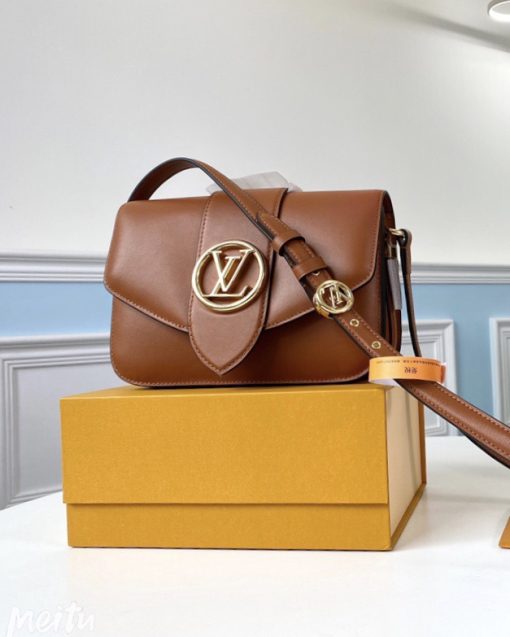 LOUIS VUITTON Pont 9. Original Quality Bag including gift box, literature, dust bag, authenticity card. The structured yet curved lines of the LV Pont 9 handbag are fashioned from smooth leather. The LV Circle, a classic House signature reinterpreted by Nicolas Ghesquière, adorns the bag’s flap and the adjustable strap’s buckle. Hidden features such as a colored leather lining and Monogram Flower magnetic closure on the flap’s underside bring subtle sophistication.