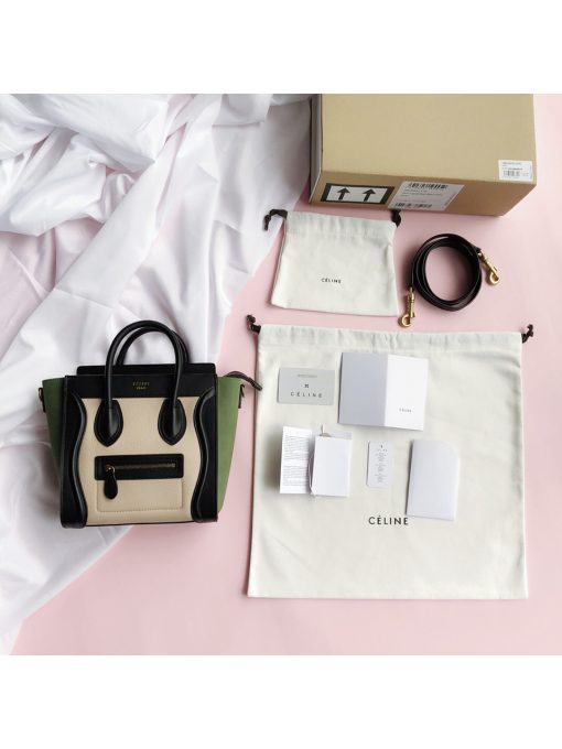 CELINE Luggage Nano. Original Quality Bag including gift box, care book, dust bag, authenticity card.  Nano luggage bag in calfskin with leather handles, a removable shoulder strap, and a zip closure. The bag has a zipped outer pocket on the front.