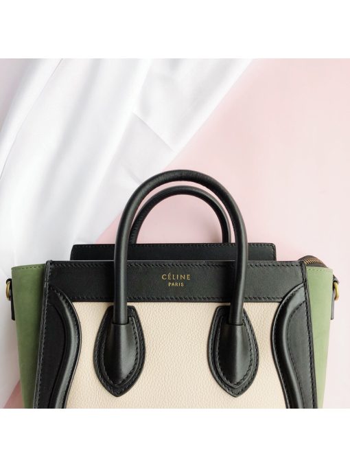 CELINE Luggage Nano. Original Quality Bag including gift box, care book, dust bag, authenticity card.  Nano luggage bag in calfskin with leather handles, a removable shoulder strap, and a zip closure. The bag has a zipped outer pocket on the front.