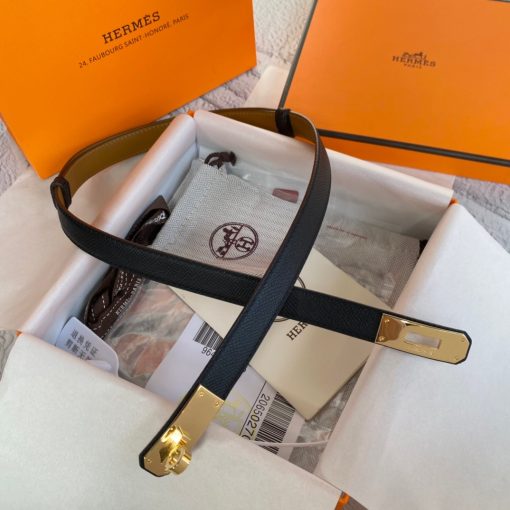 HERMÈS Kelly 18 Belt. Original Quality Belt including gift box, care book, dust bag, authenticity card. The variations of these one size fits all belts change the ways in which they can be worn by adjusting to all sizes while reinterpreting classic Hermes pieces with clever jewel clasps. Thanks to the clever sliding system, this one-size-fits-most belt may be worn at the waist or on the hips.