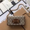 GUCCI 1955 GG Supreme Horsebit Wallet On Chain. Original Quality Wallet including gift box, care book, dust bag, authenticity card. This chain wallet in GG Supreme canvas and leather is introduced as part of the Gucci Horsebit 1955 accessories collection, defined by the double ring and bar design also found in Handbags. The folded snap-closure shape features several card slots and pockets, completed with a detachable chain strap.