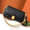 LOUIS VUITTON Favorite: Effortlessly Chic, Versatile Style. Meet The Favorite—a stunning blend of elegance and versatility. Crafted from soft, grained leather adorned with a bold oversized embossed Monogram pattern, this bag is the epitome of chic style. Feminine pleats add a couture-inspired touch, while the gold-tone magnetic lock pays homage to the Maison's storied heritage. With its removable and adjustable strap, The Favorite offers multiple ways to wear: short-shoulder or cross-body for day, and a detachable gold-tone chain for a glamorous evening look. Effortlessly stylish and endlessly adaptable, The Favorite is the perfect accessory for every occasion.
