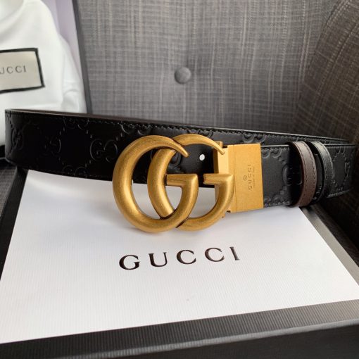 GUCCI Signature GG Logo Leather Belt. Original Quality GUCCI Signature GG Logo Leather Belt including gift box, care book, dust bag, authenticity card. Gucci’s leather Signature belt is subtly patterned with the debossed rhombus motif from the house’s archives. It features a metal-tone metal GG logo plaque and is finished with smooth hand-lacquered edges.