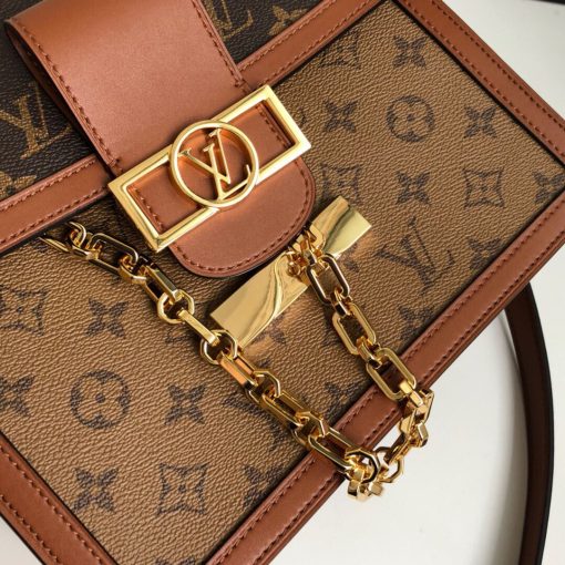 LOUS VUITTON Dauphine MM Shoulder Bag. Original Quality Bag. Authentic Style. Genuine Calf Leather. Metal Hardware. Authentic Packaging. Original Quality Dust Bag. For Spring-Summer 2019 Nicolas Ghesquière unveils a new must-have: the Dauphine Mini handbag. This adorable compact model is crafted from Monogram and Monogram Reverse canvas, trimmed with smooth tan calfskin. The high-shine LV lock and leather smart strap add a modern twist to this signature piece, which is perfectly sized for day-to-evening wear.