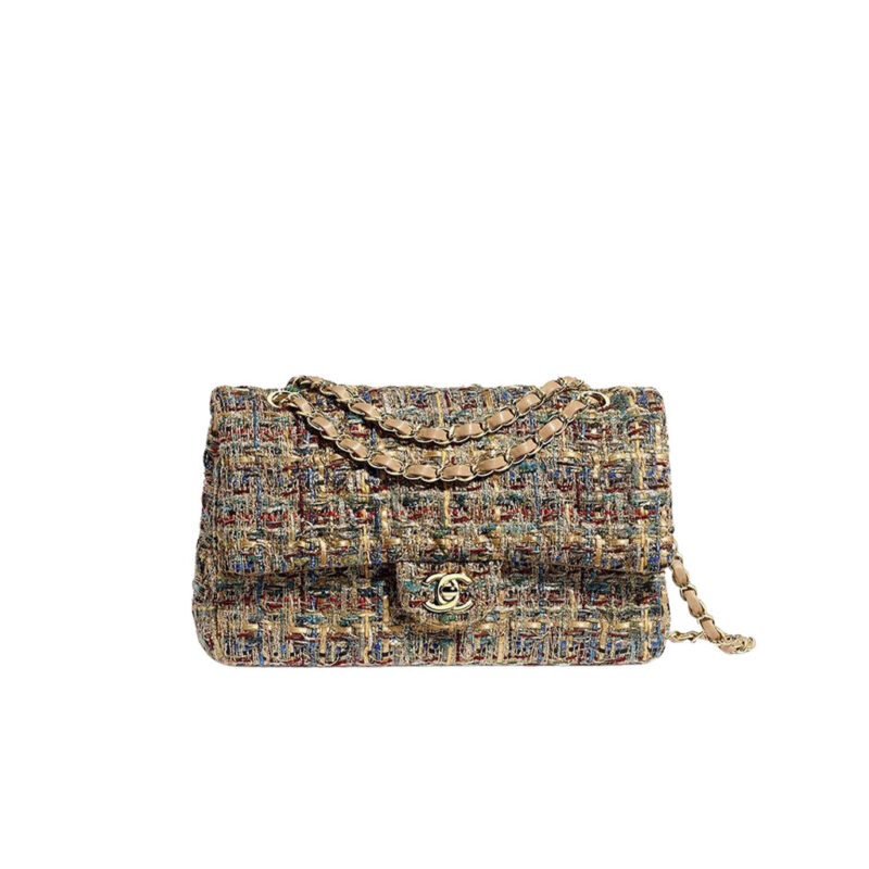 CHANEL Classic Tweed Flap Bag. Original Quality Bag including gift box, care book, dust bag, authenticity card. These new bright and colorful bags are literally heart-melting. The woven chain, diamond quilting patters are the center of this collection. Then we have the seasonal bags that look like the Classic Flap Bags but they features colorful cotton tweed for more brightness. These are the must-have seasonal bags.