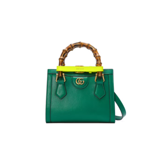 GUCCI Diana Mini Tote Bag. Original Quality Bag including gift box, care book, dust bag, authenticity card. Combining recognizable elements of the House, the mini tote bag is defined by its bamboo handles and Double G hardware. Crafted from leather, the accessory is further accentuated by two neon bands, a playful reference to the bands used to keep handles in shape.