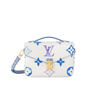 Pochette Métis MM. Style with a Portuguese Touch. This exquisite Pochette Metis handbag is crafted from cream-colored canvas and highlighted by pastel LV's and Monogram Flowers printed with a watercolor-like effect. The top handle and detachable strap present a more prominent Monogram Flower pattern, reminiscent of the Portuguese painted ceramic tilework.