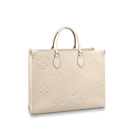 LOUIS VUITTON Onthego GM Monogram Empreinte Leather Tote. High-end quality bag including gift box, literature, dust bag, authenticity card. The stylishly oversized LV Onthego GM tote goes from workday to weekend without missing a beat. The bag’s square shape affords plenty of room for storing office files and a laptop. For the first time, this model is offered in Monogram Empreinte Giant, a supple embossed leather. Versatile, it can be carried by hand or worn over the shoulder on its two long straps.