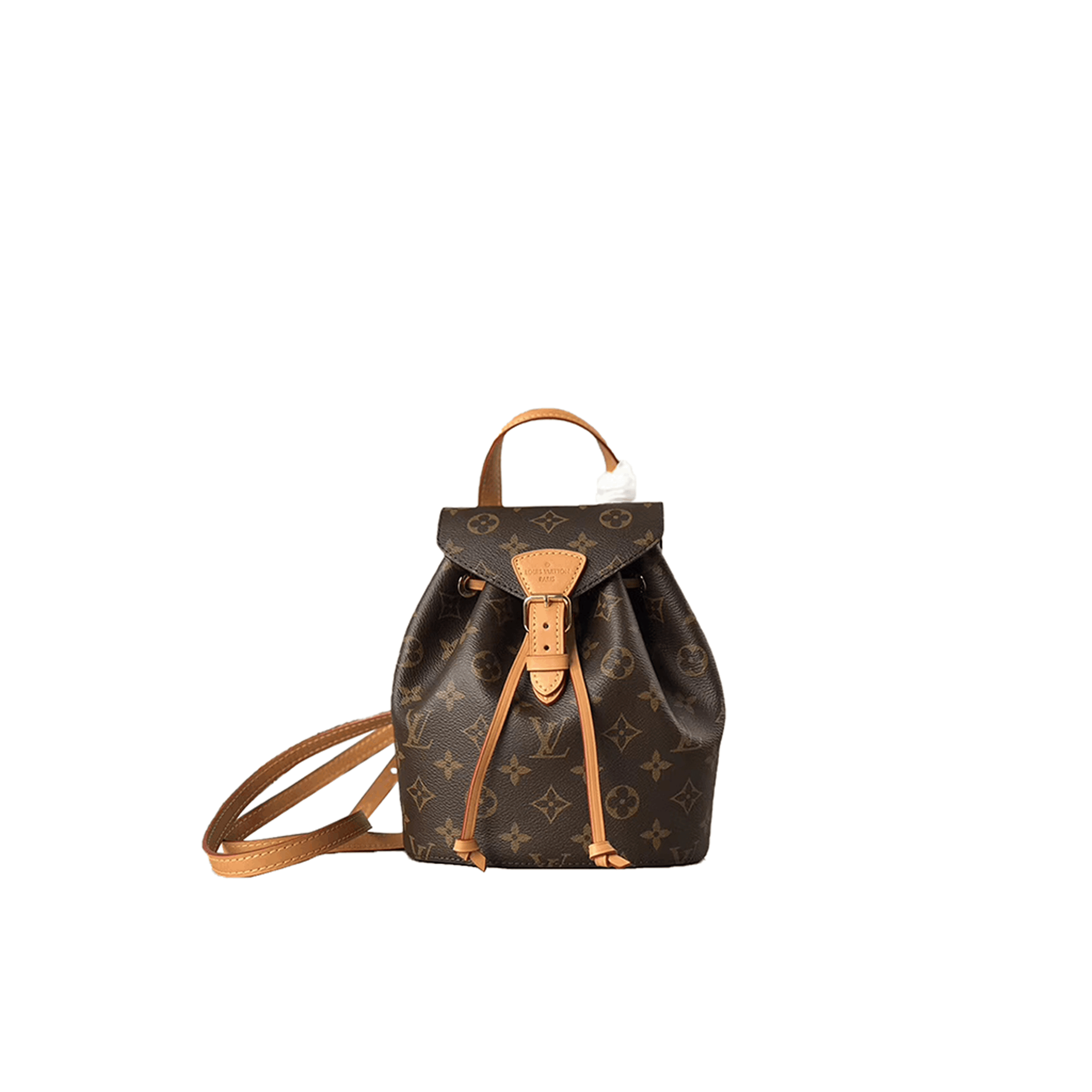 Montsouris Backpack 3 LOUIS VUITTON Montsouris Backpack. Original Quality Bag including gift box, care book, dust bag, authenticity card. This is an elegant new backpack made from Monogram canvas and cowhide leather, it closes with an archive Louis Vuitton buckle and leather drawstrings. Practical, with a roomy interior, it features an outside zipped pocket. The top handle and adjustable leather straps allow multiple carry options.