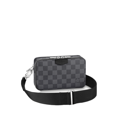 LOUIS VUITTON Alpha Wearable Damier Graphite Wallet. Original Quality Wallet including gift box, care book, dust bag, authenticity card. This Alpha Wearable Wallet is a versatile compact bag. Thanks to its adjustable and removable strap, thus it can be carried in different ways. This is made from Damier Graphite canvas and trimmed in black leather. The wide opening and side gussets give easy access to belongings inside. Perfect for carrying a phone (or two) and a wallet. 