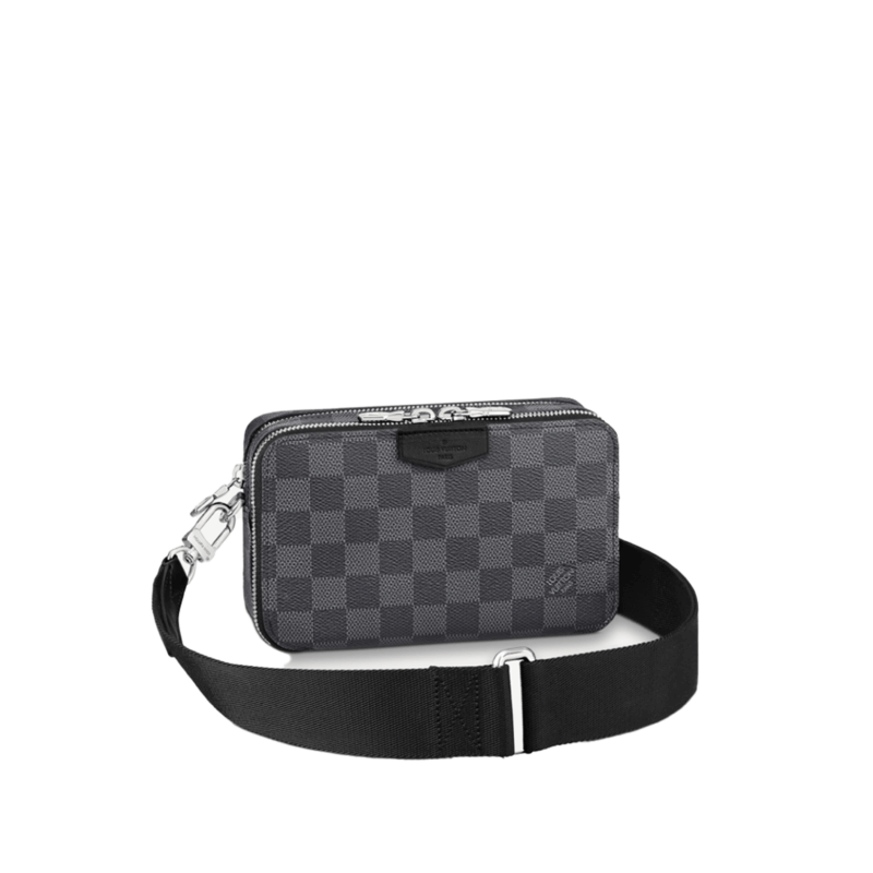 LOUIS VUITTON Alpha Wearable Damier Graphite Wallet. Original Quality Wallet including gift box, care book, dust bag, authenticity card. This Alpha Wearable Wallet is a versatile compact bag. Thanks to its adjustable and removable strap, thus it can be carried in different ways. This is made from Damier Graphite canvas and trimmed in black leather. The wide opening and side gussets give easy access to belongings inside. Perfect for carrying a phone (or two) and a wallet.