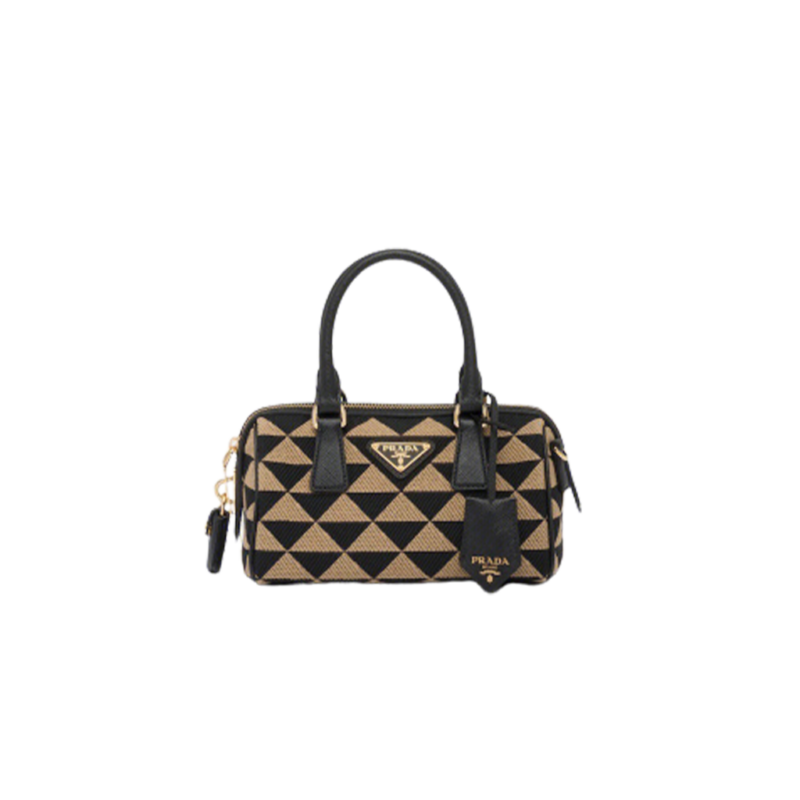 PRADA Symbole Embroidered Fabric Top-Handle Bag. Original Quality Bag including gift box, care book, dust bag, authenticity card. Made of fabric with Saffiano handles, this top-handle bag combines a classic silhouette with modern, functional details. Here, the brand's iconic geometric design is transformed into a sophisticated yet modernist pattern that plays with contrasting colors and decorates this versatile bag.