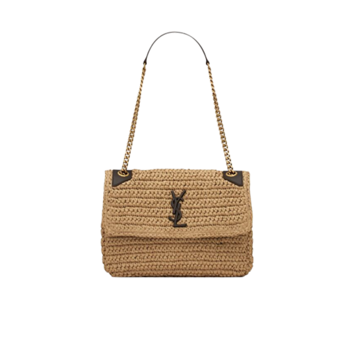 SAINT LAURENT Niki Baby Chain Bag In Raffia And Leather. Original Quality Bag including gift box, care book, dust bag, authenticity card. Niki raffia shoulder bag from SAINT LAURENT featuring woven raffia design, signature YSL logo plaque, gold-tone hardware, front flap closure, magnetic fastening, internal flat pocket and sliding chain-link shoulder strap.