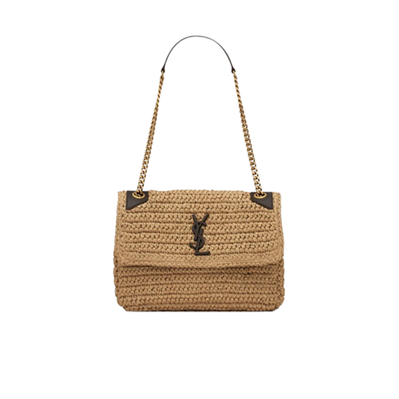 SAINT LAURENT Niki Baby Chain Bag In Raffia And Leather. Original Quality Bag including gift box, care book, dust bag, authenticity card. Niki raffia shoulder bag from SAINT LAURENT featuring woven raffia design, signature YSL logo plaque, gold-tone hardware, front flap closure, magnetic fastening, internal flat pocket and sliding chain-link shoulder strap.