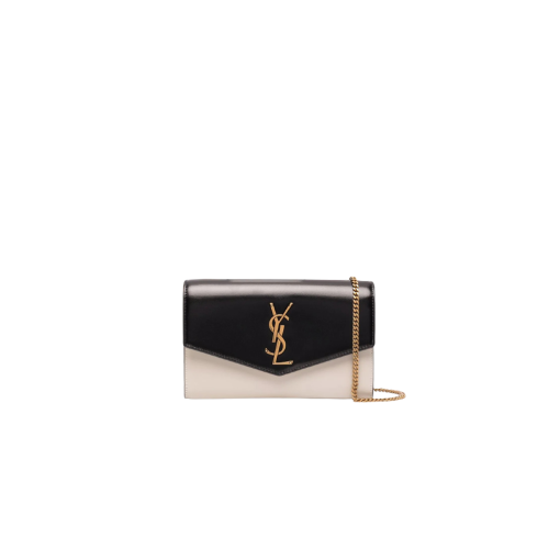 SAINT LAURENT Uptown Chain Wallet. High-End Quality Bag including gift box, care book, dust bag, authenticity card. Mini envelope bag decorated with the cassandre, featuring a removable chain strap for shoulder or hand carry as a clutch. A fragments card case with three card slots is included.