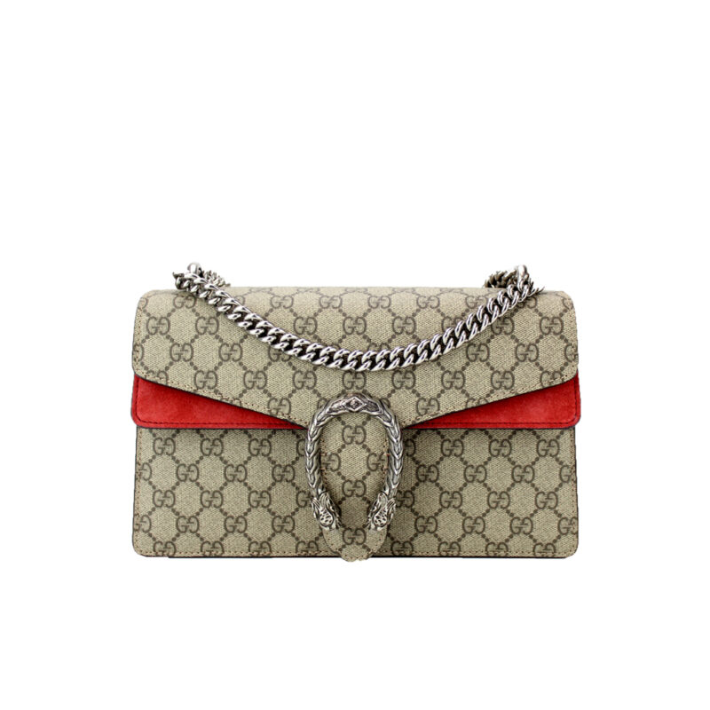 GUCCI Dionysus Small GG Blooms Shoulder Bag. High-end quality bag including gift box, literature, dust bag, authenticity card. A structured GG Supreme canvas bag with our textured tiger head closure-a unique detail referencing the Greek god Dionysus, who in myth is said to have crossed the river Tigris on a tiger sent to him by Zeus. The sliding chain strap can be worn multiple ways, changing between a shoulder and a top handle bag.