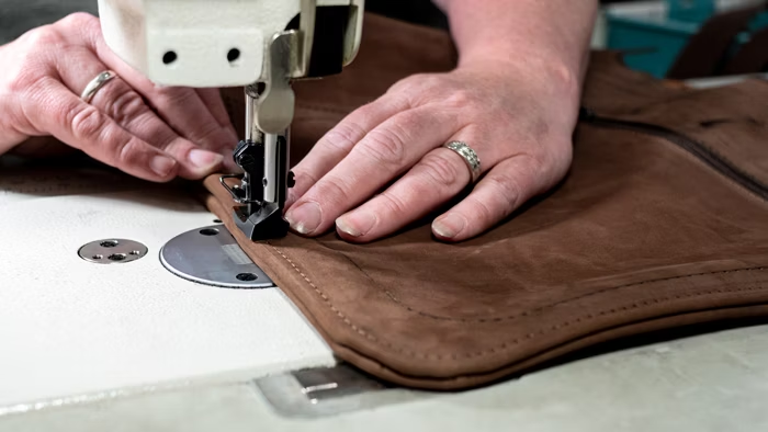 A handmade leather bag in a New York workshop
