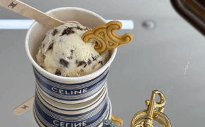 Luxury gelato cart with designer branding outside a flagship store in Seoul’s fashion district