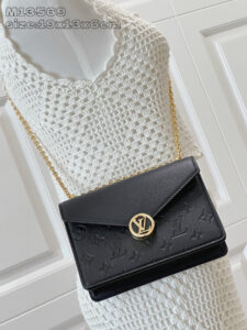 Wallet On Chain Rosy. Authentic quality luxury bag crafted in genuine leather comes with authenticity card, dust bag and gift bag. Rosy Elegance, Effortlessly Carried. Introducing the Wallet On Chain Rosy—a compact statement of modern elegance. Crafted from the House’s signature Monogram Empreinte leather, this chic piece brings timeless sophistication to any outfit. The design shines with a gold-toned LV Circle and a sleek chain strap, offering effortless shoulder carry for day or night. Despite its refined silhouette, the Rosy is smartly sized to hold your everyday must-haves, complete with three secure card slots to keep essentials organized. A perfect blend of luxury, versatility, and iconic craftsmanship—your new go-to accessory for every occasion.